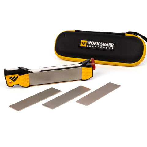 WORK SHARP front view with case showing compact travel-ready kit and protection