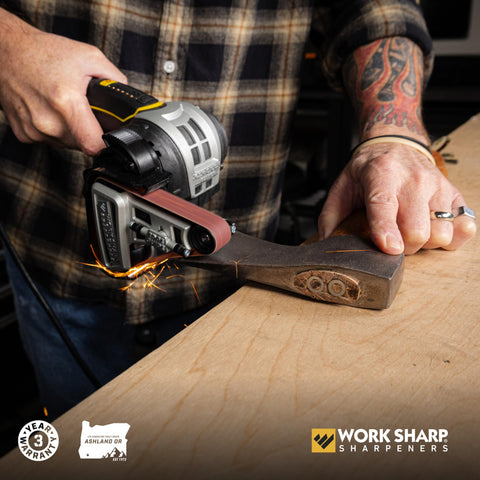 WORK SHARP grinding attachment removing material quickly for reprofiling