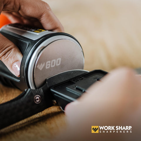 WORK SHARP sharpening a chef's knife demonstrating quick use