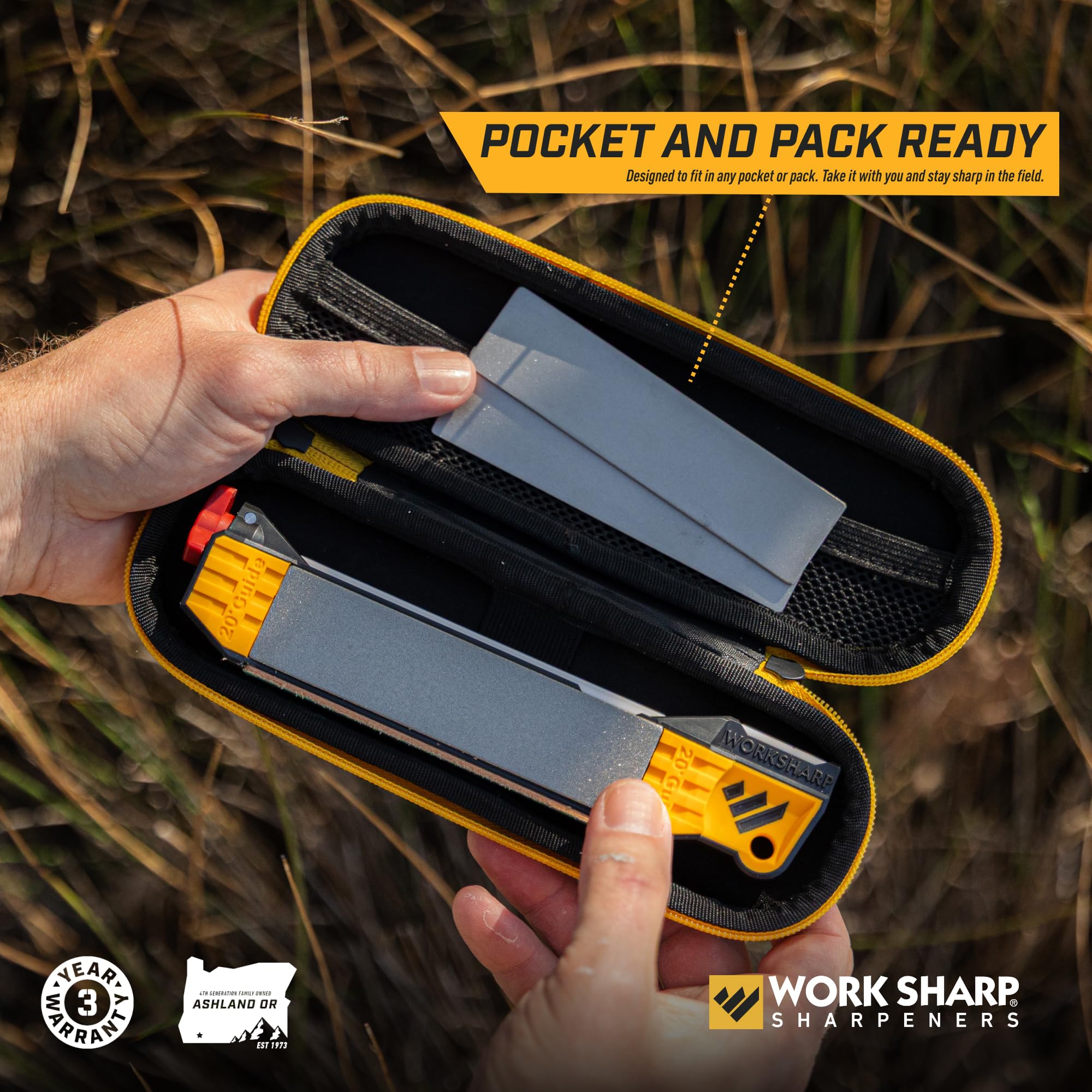 WORK SHARP sharpening a hunting knife in use for reliable field edges