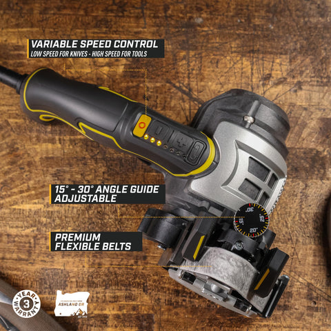 WORK SHARP on a workbench with tools showcasing workshop-ready convenience