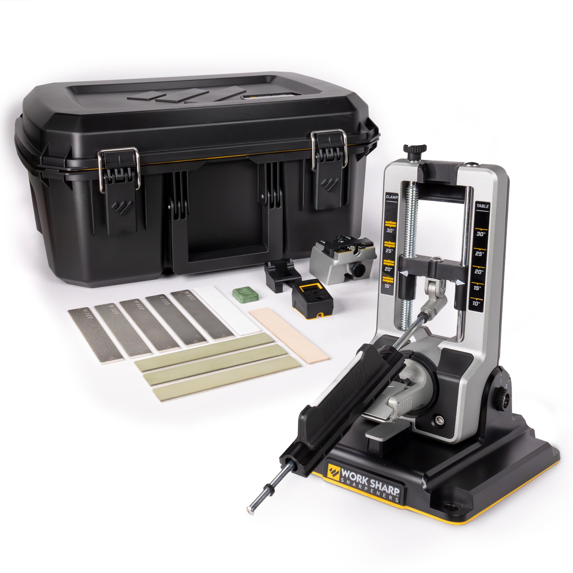 WORK SHARP front view of precision adjust kit showing sturdy metal frame and controls for reliable sharpening