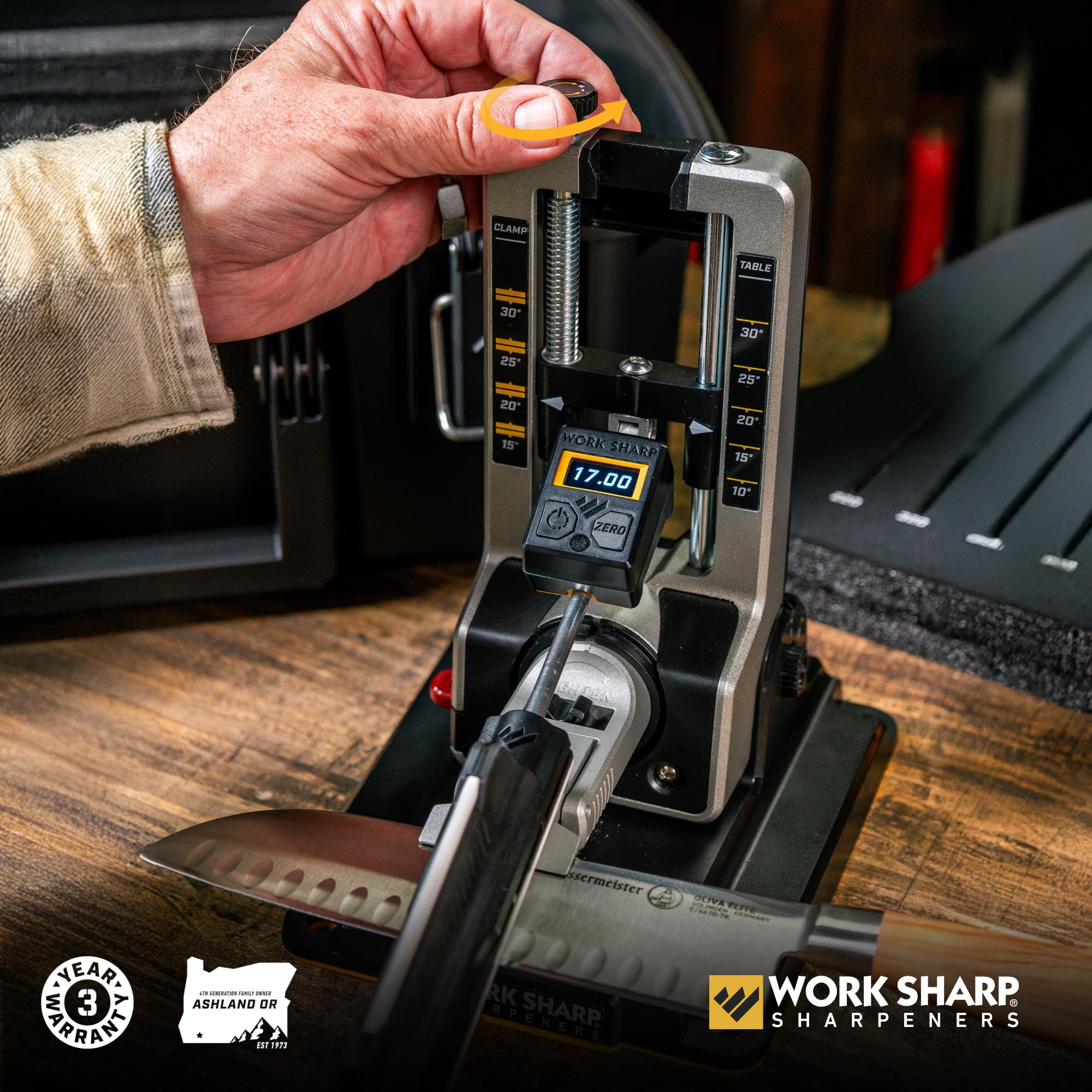 WORK SHARP sharpener beside a pocket knife showing scale and everyday portability for field use