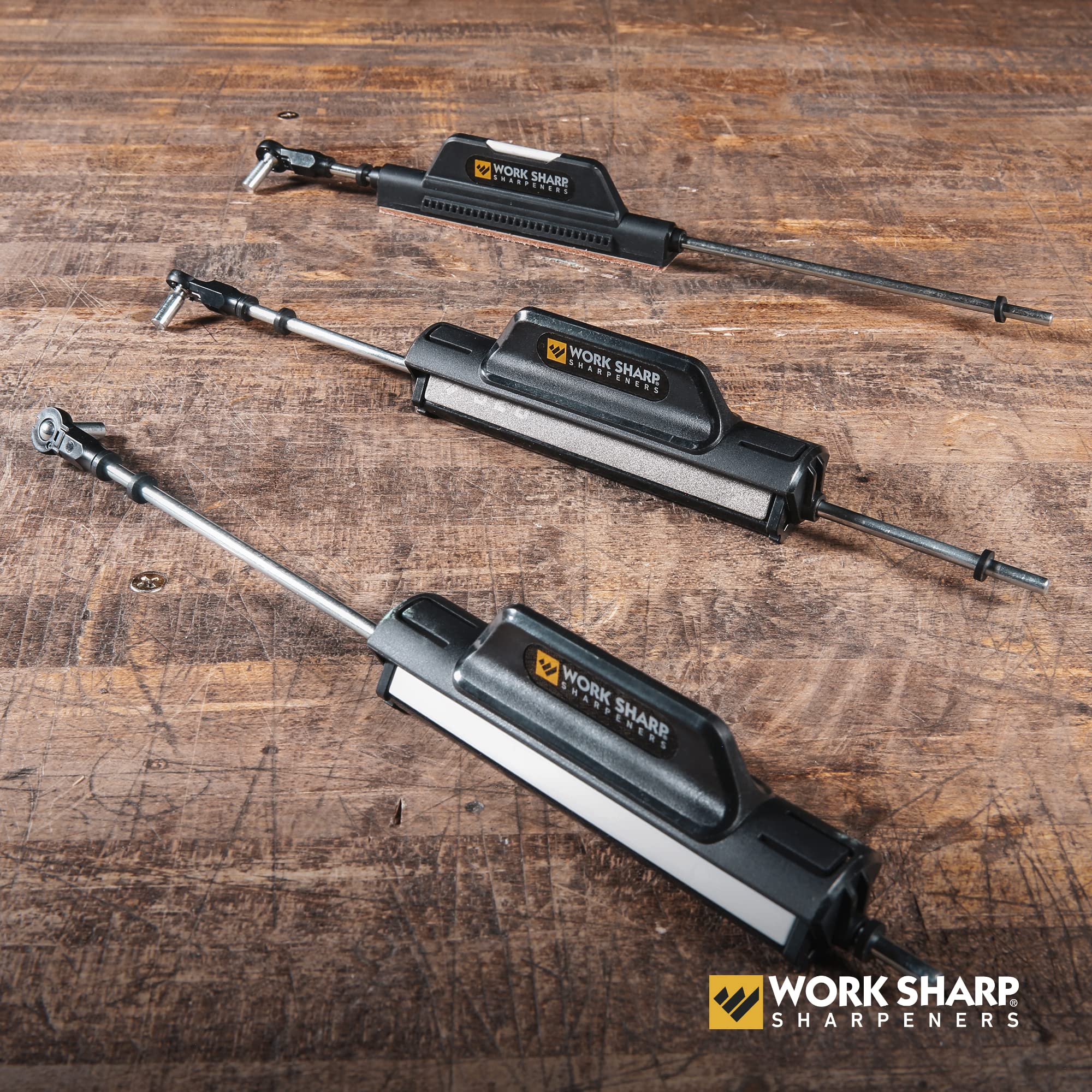 WORK SHARP seven abrasives displayed to show grit progression for precise reprofiling