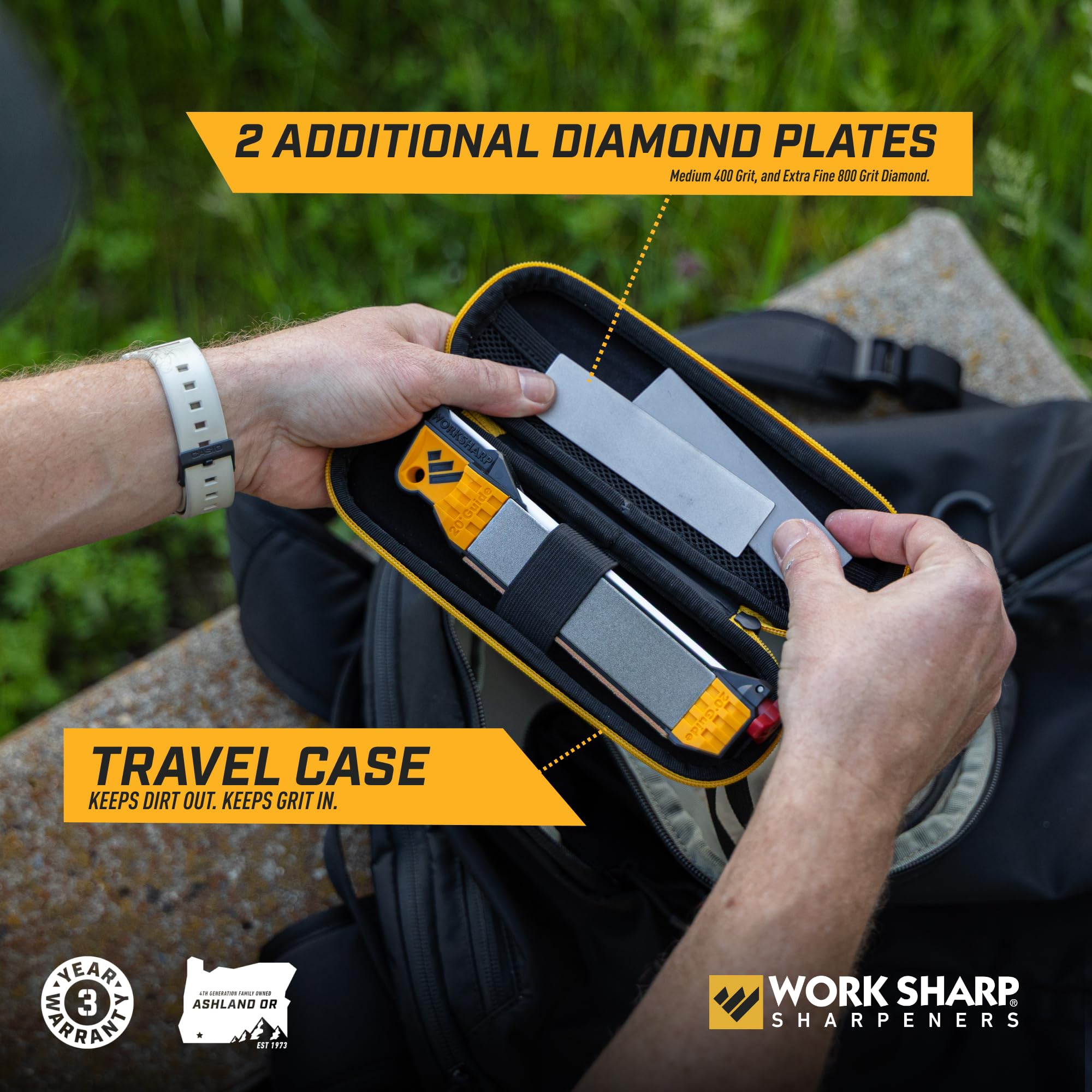 WORK SHARP sharpener in open travel case for organized, secure transport