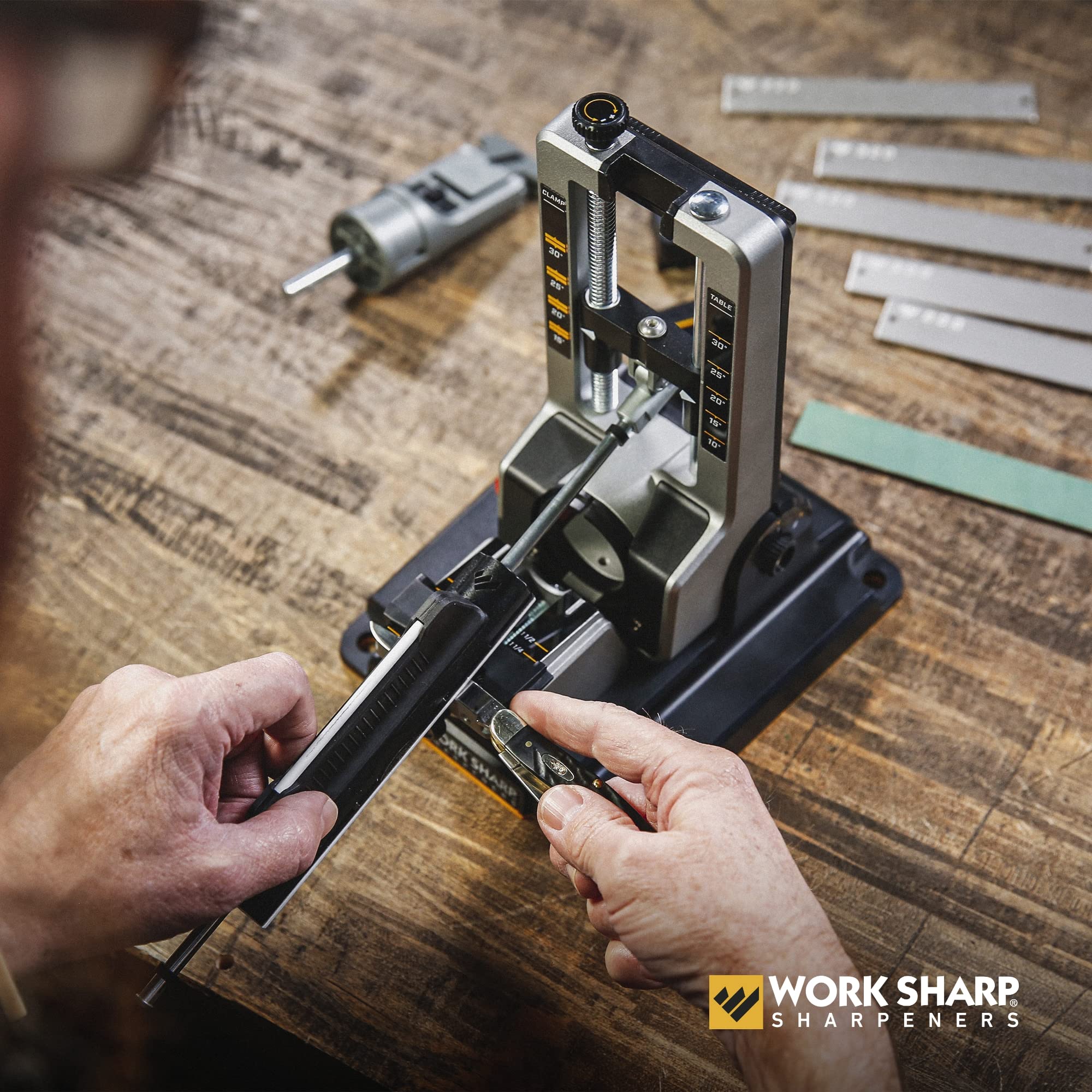 Work Sharp beside a common chef knife to show scale and compatibility