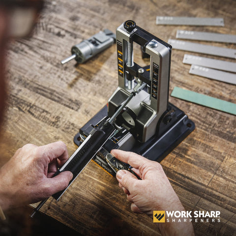 Work Sharp beside a common chef knife to show scale and compatibility