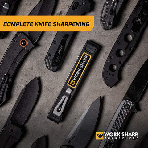 WORK SHARP beside a pocketknife showing portable size and scale