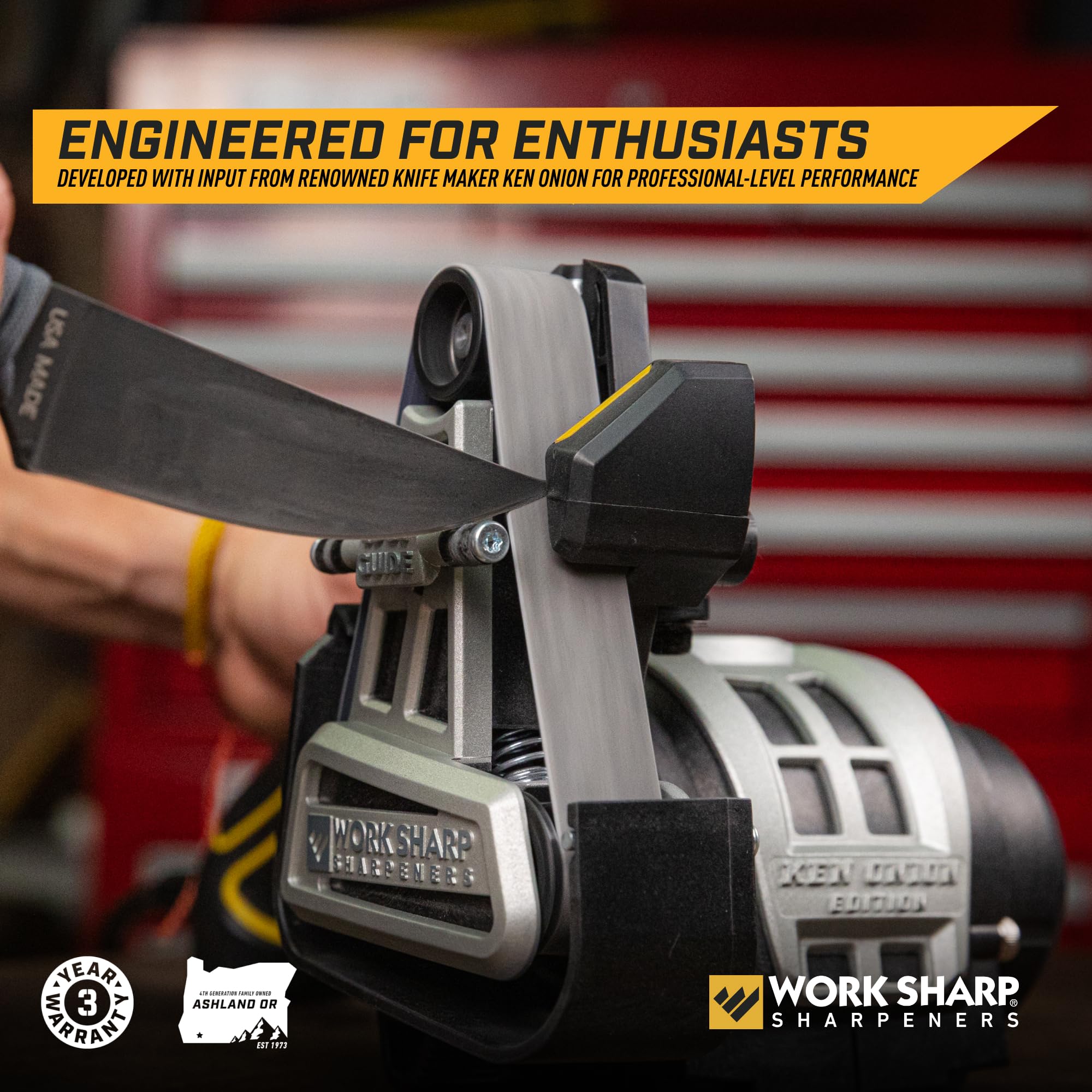 WORK SHARP next to a hand to show compact size and bench-friendly benefit