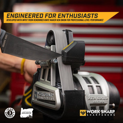 WORK SHARP next to a hand to show compact size and bench-friendly benefit