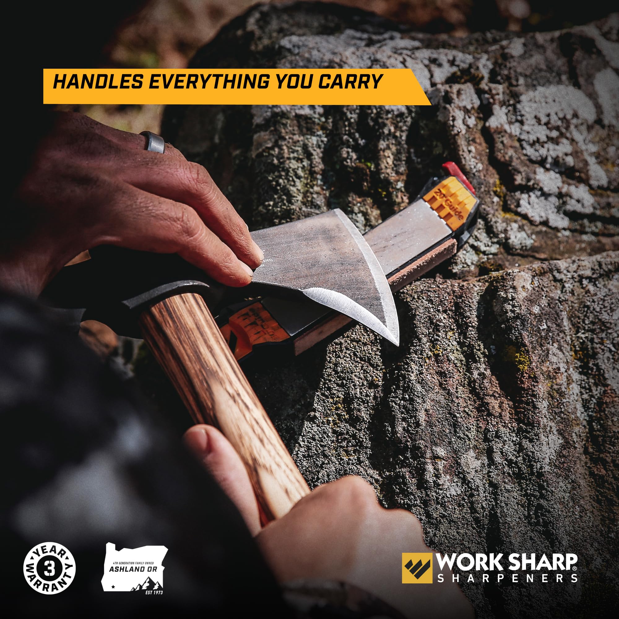 Work Sharp beside a pocketknife showing compact size and portability