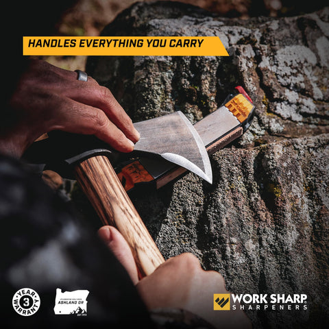 Work Sharp beside a pocketknife showing compact size and portability
