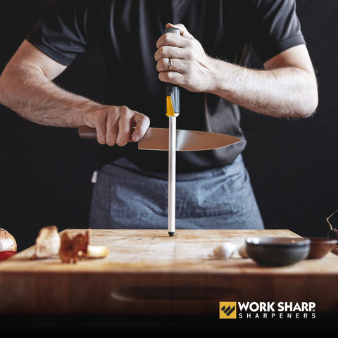Work Sharp next to ruler showing compact size for easy kitchen storage
