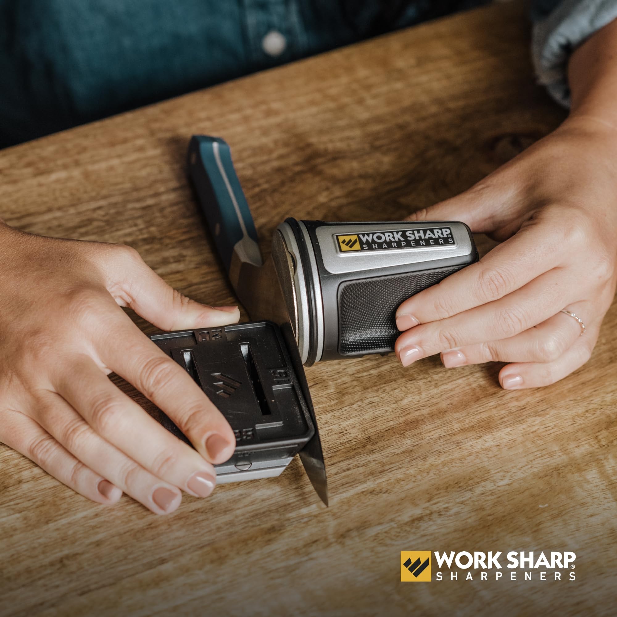 WORK SHARP compact size in a drawer showing space-saving benefit