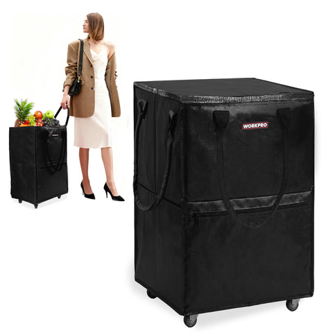 WORKPRO front view of rolling grocery bag showing capacity and handles