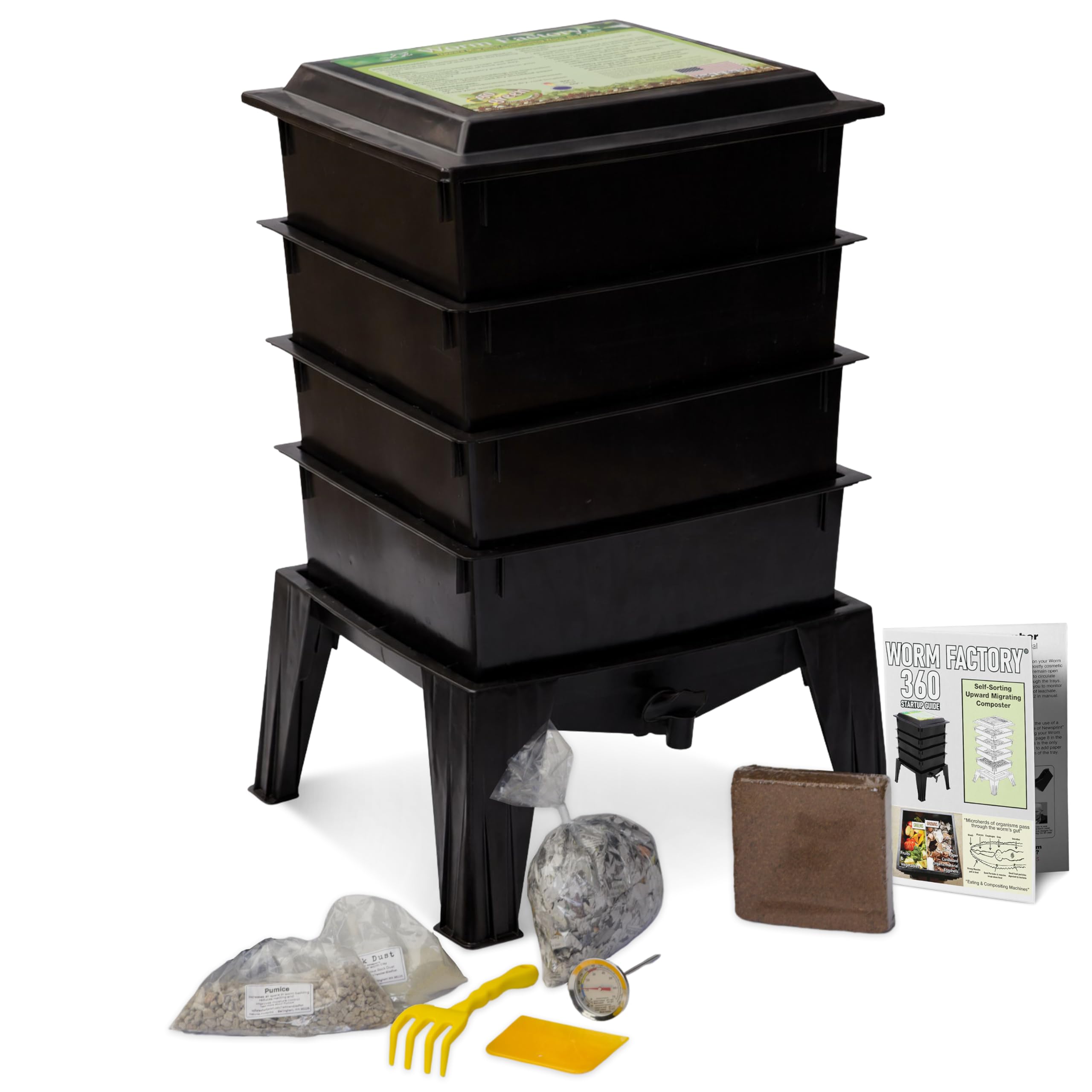 Worm Factory front view showing black four-tray unit and compact footprint benefit