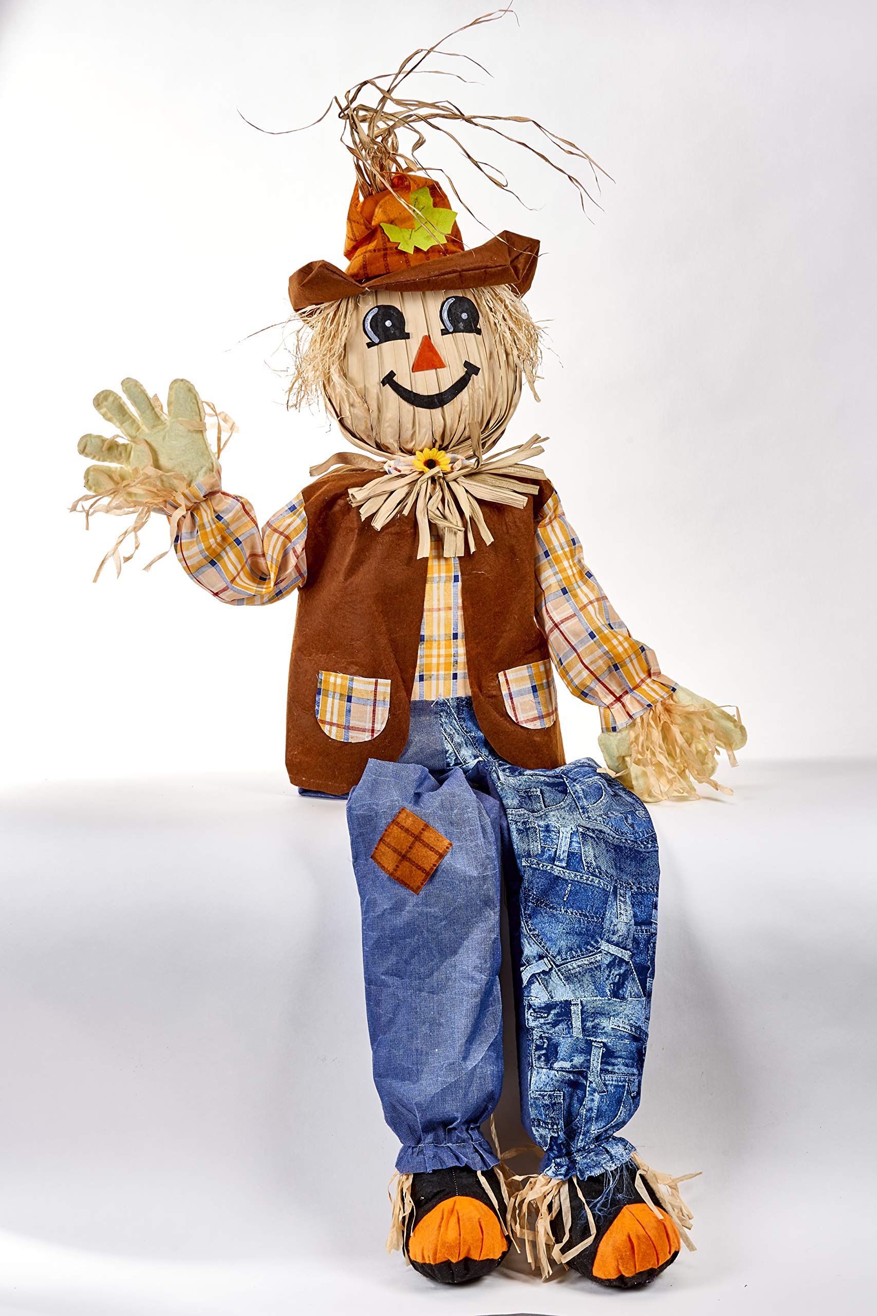 Worth Imports front view of life-size scarecrow showing colorful outfit and seated pose, adds instant autumn charm