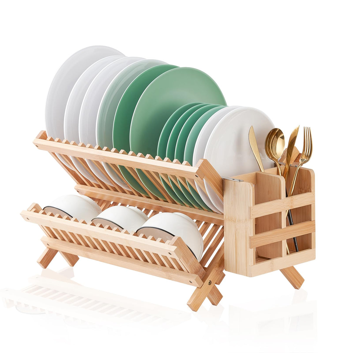 Worthyeah front view of two-tier bamboo rack showing organized drying