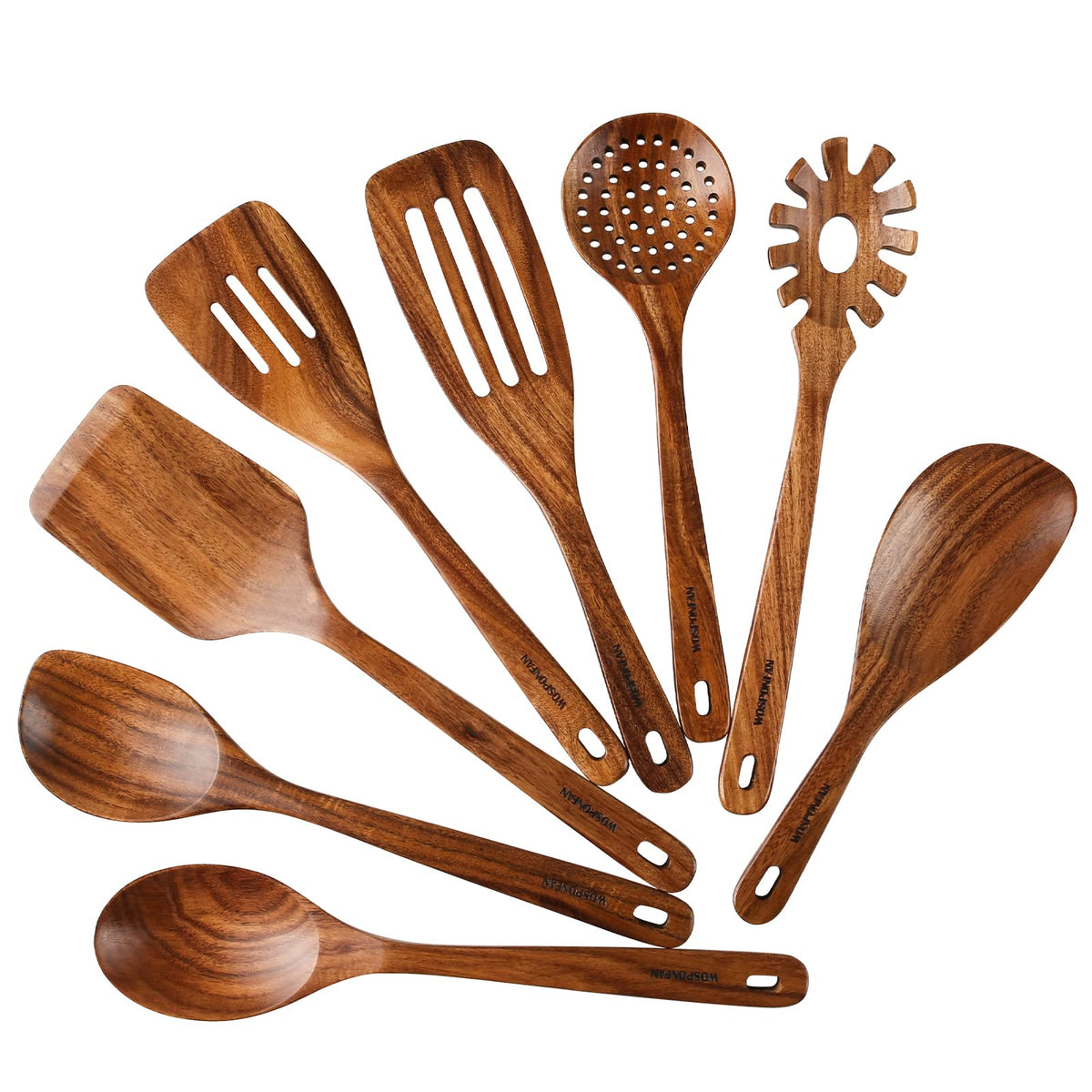 wosponfan front packaging showing full 8-piece teak set and tidy presentation benefit