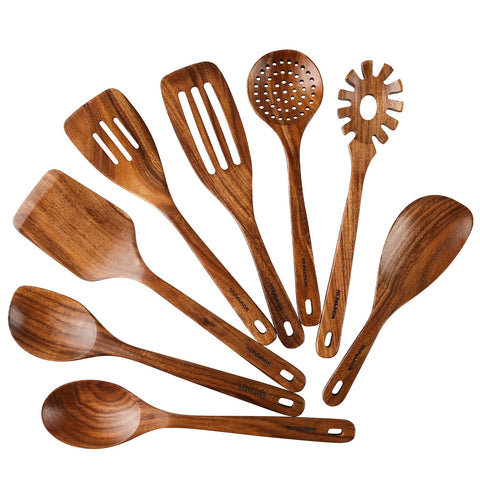 wosponfan front packaging showing full 8-piece teak set and tidy presentation benefit