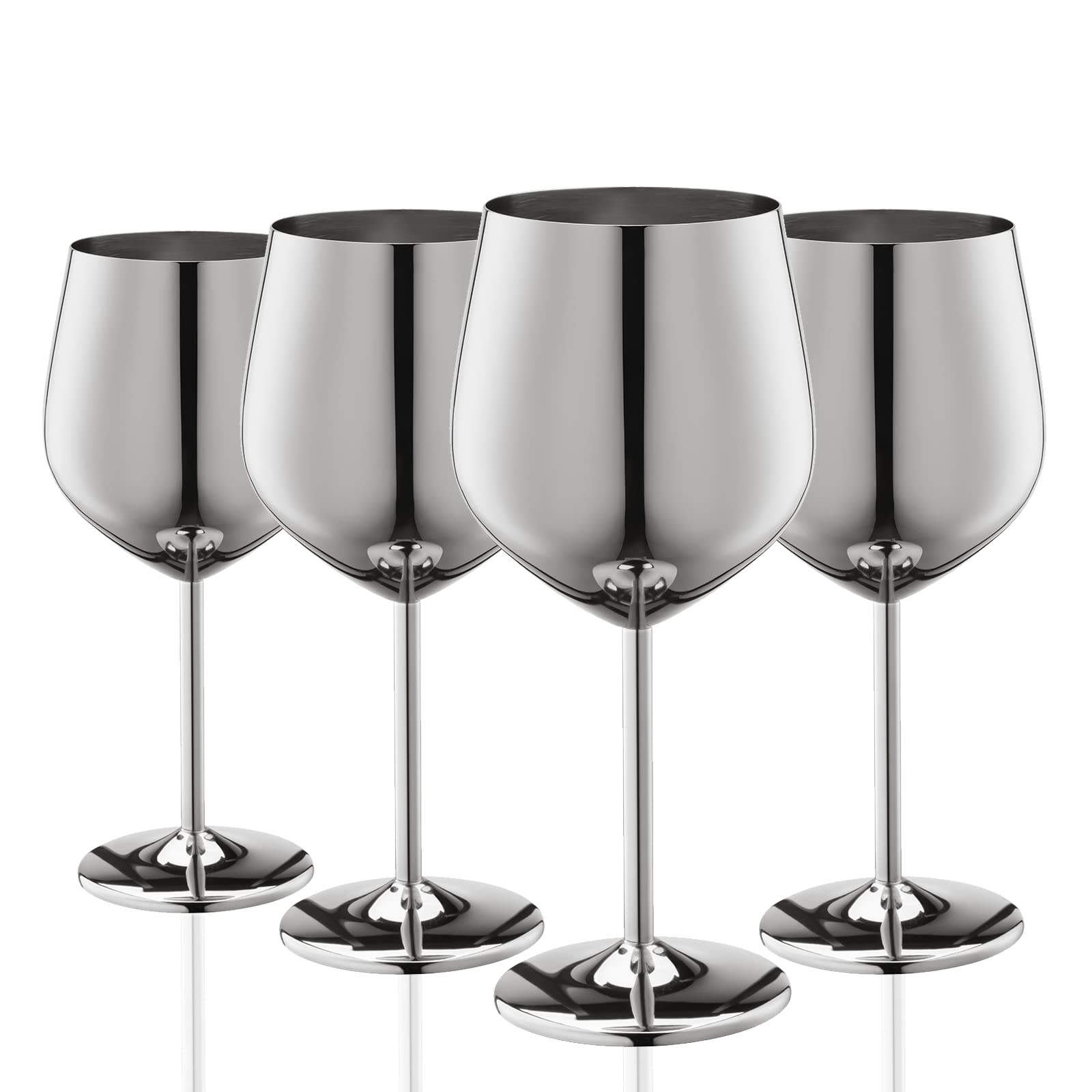 WOTOR front view of four polished stainless steel wine glasses showing elegant presentation and durability