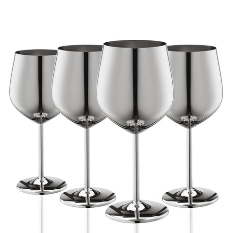 WOTOR front view of four polished stainless steel wine glasses showing elegant presentation and durability