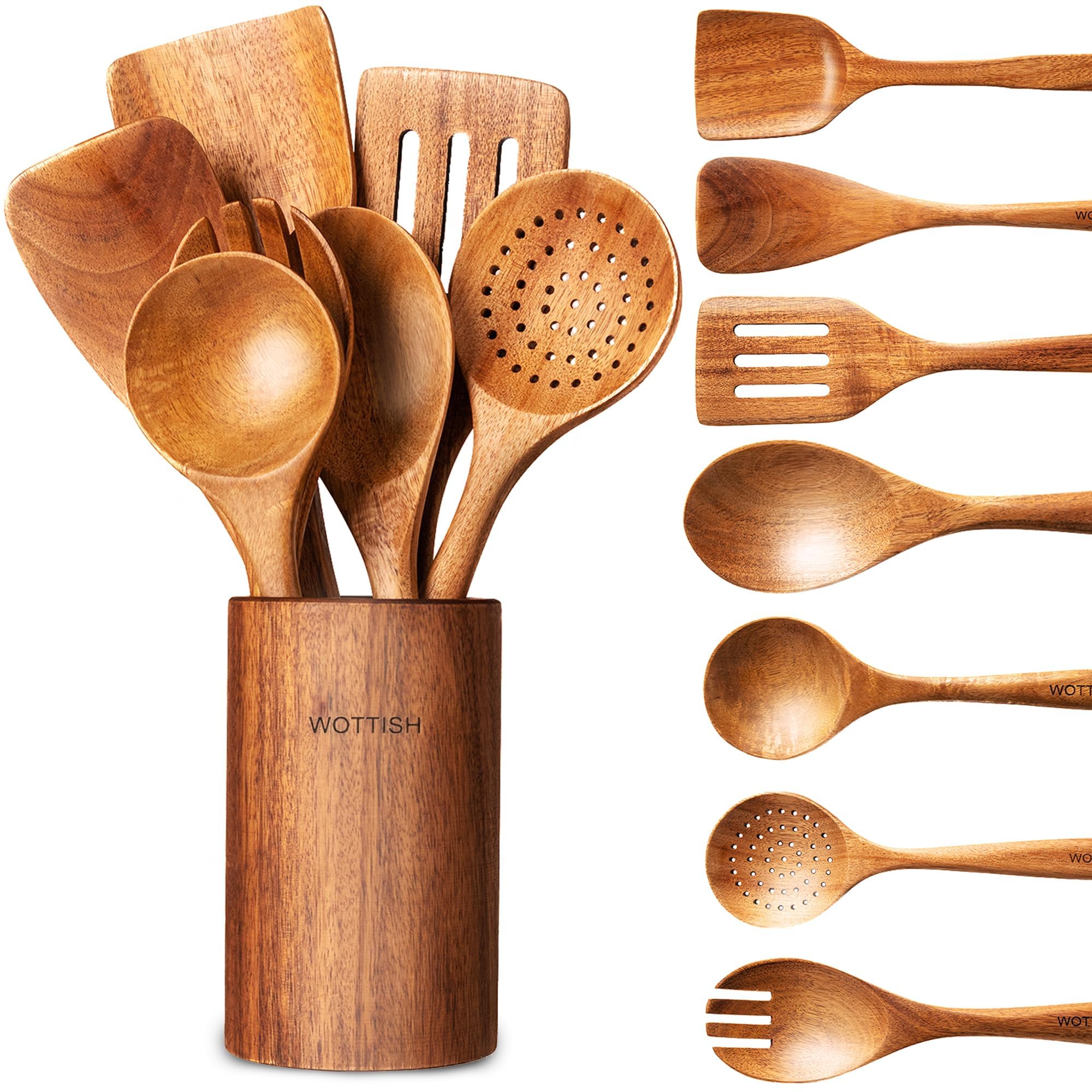 WOTTISH front view of set and wooden holder showing organized storage benefit