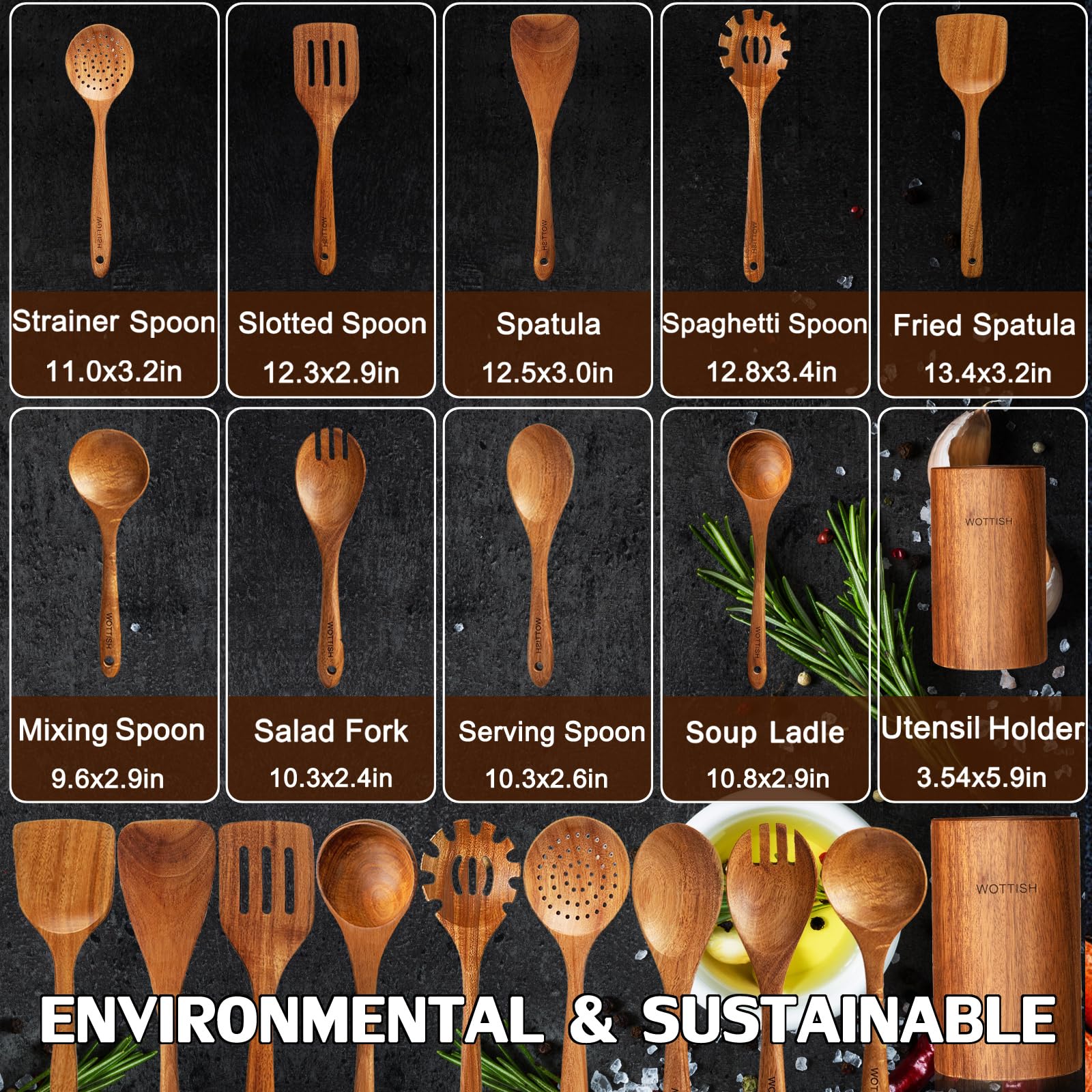 WOTTISH utensils standing in wooden holder with drain hole for dry storage