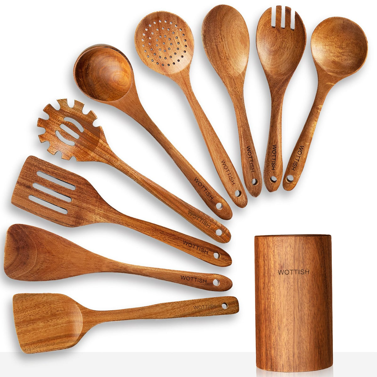 WOTTISH front view of 10-piece wooden utensil set, organized and ready to cook