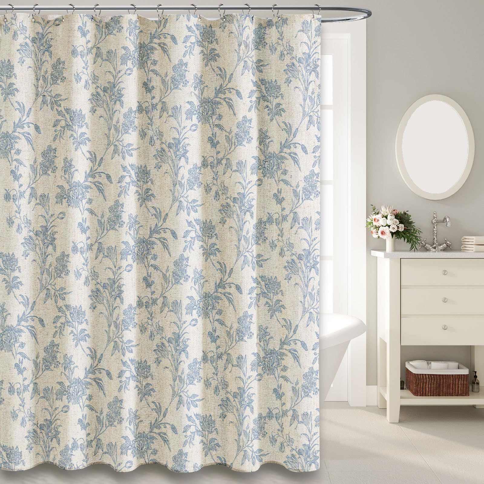 WOUVMA front view blue floral shower curtain adds cottagecore charm