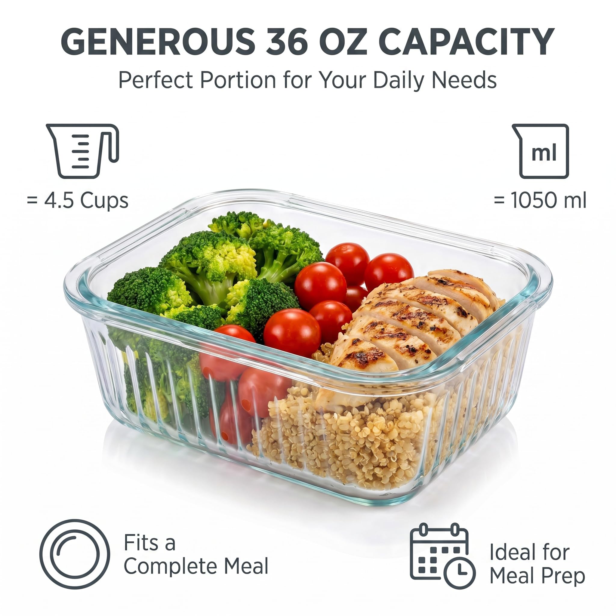 WOVOW container beside utensils showing 36oz capacity and portioning benefit