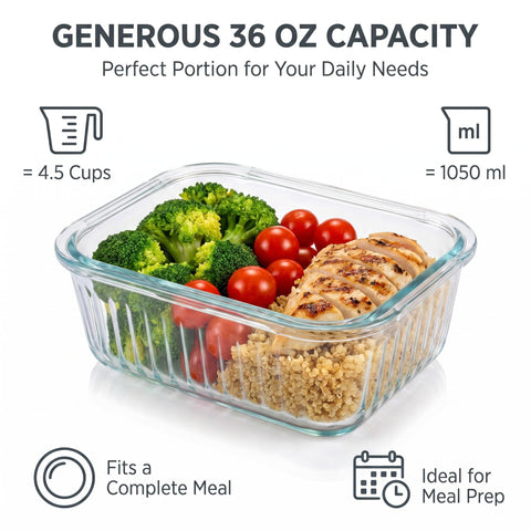 WOVOW container beside utensils showing 36oz capacity and portioning benefit