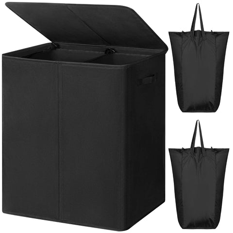WOWLIVE front view of double laundry hamper showing neat dual compartments and benefits of organization