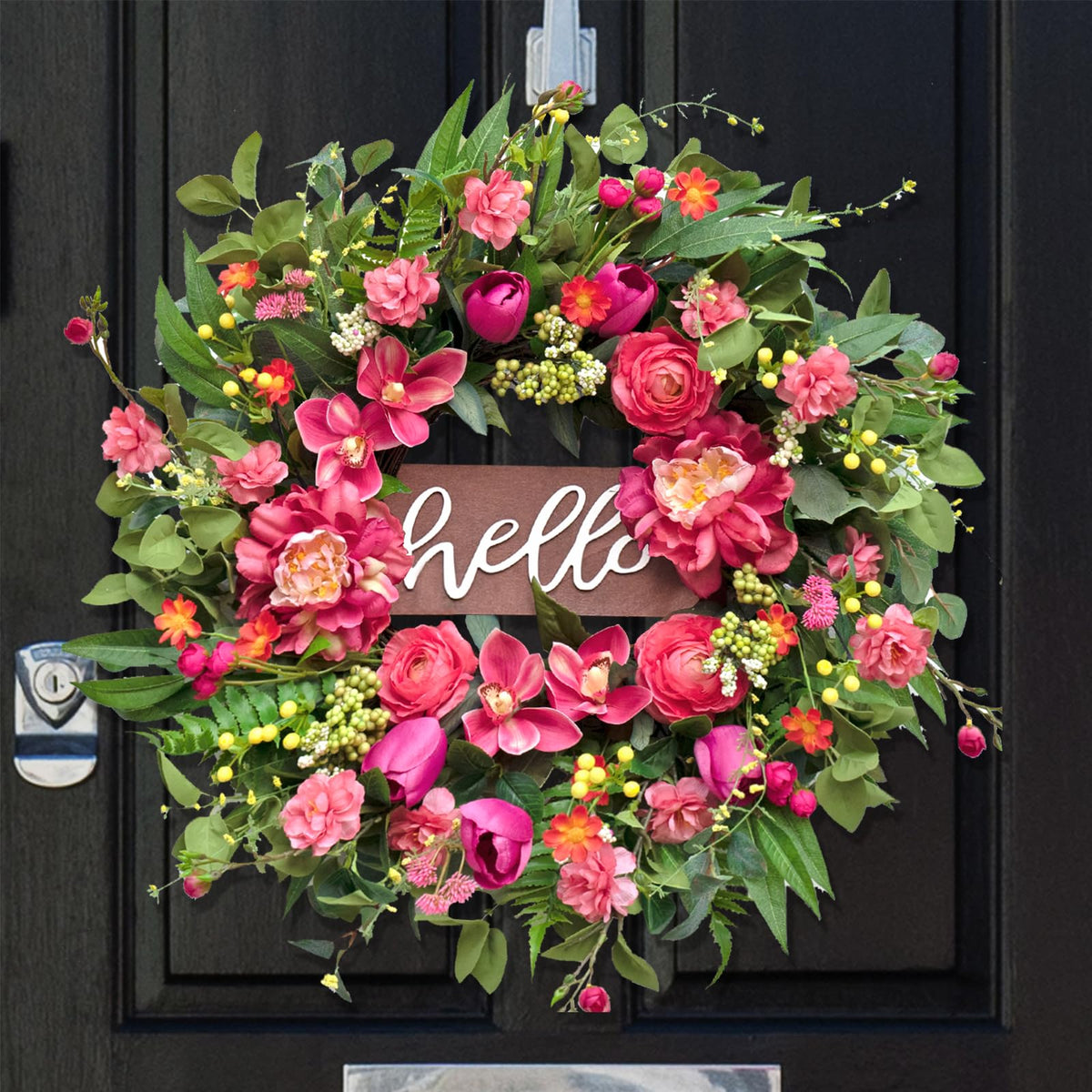 wreathqueen front view showing 24-inch wreath with hello sign for welcoming entryways