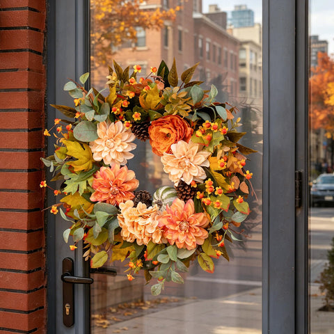 wreathqueen pumpkin and pinecone cluster adding seasonal contrast