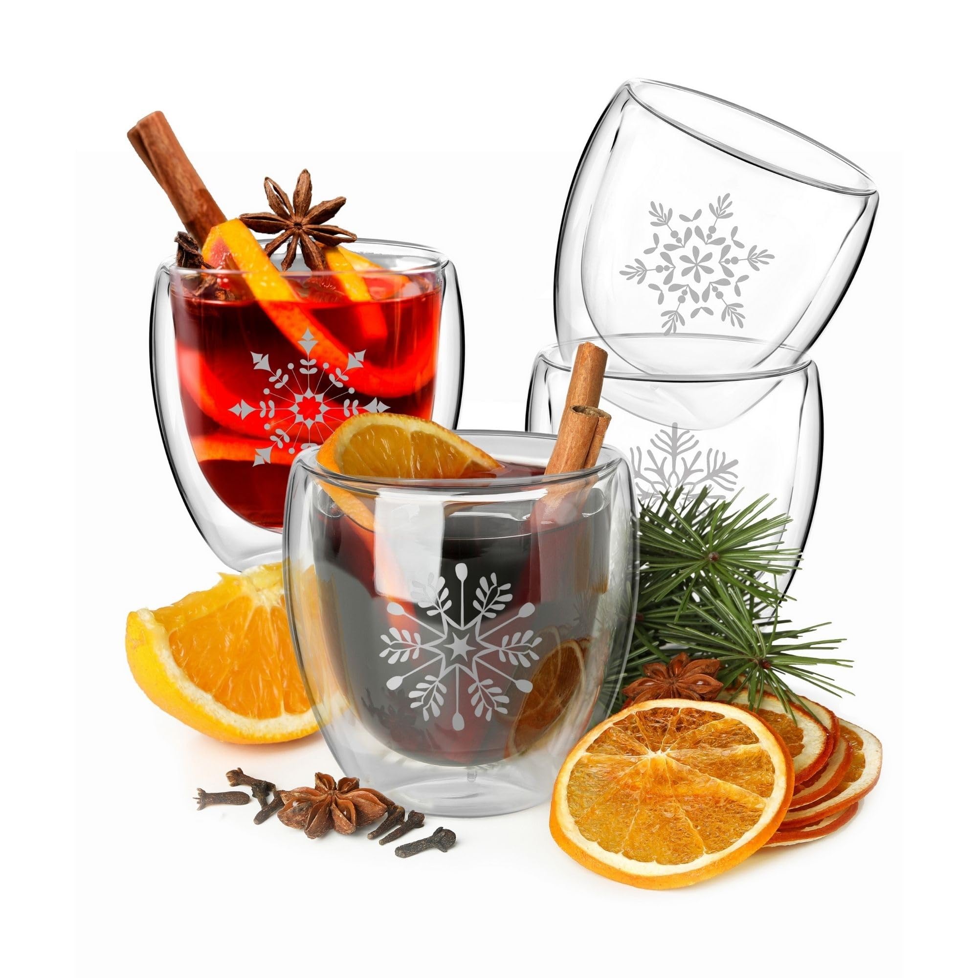Wrenbury front view of four snowflake glasses showing festive design and set appeal