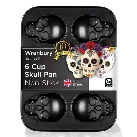 Wrenbury skull baking pan front view shows sturdy rim and six cavities for reliable baking