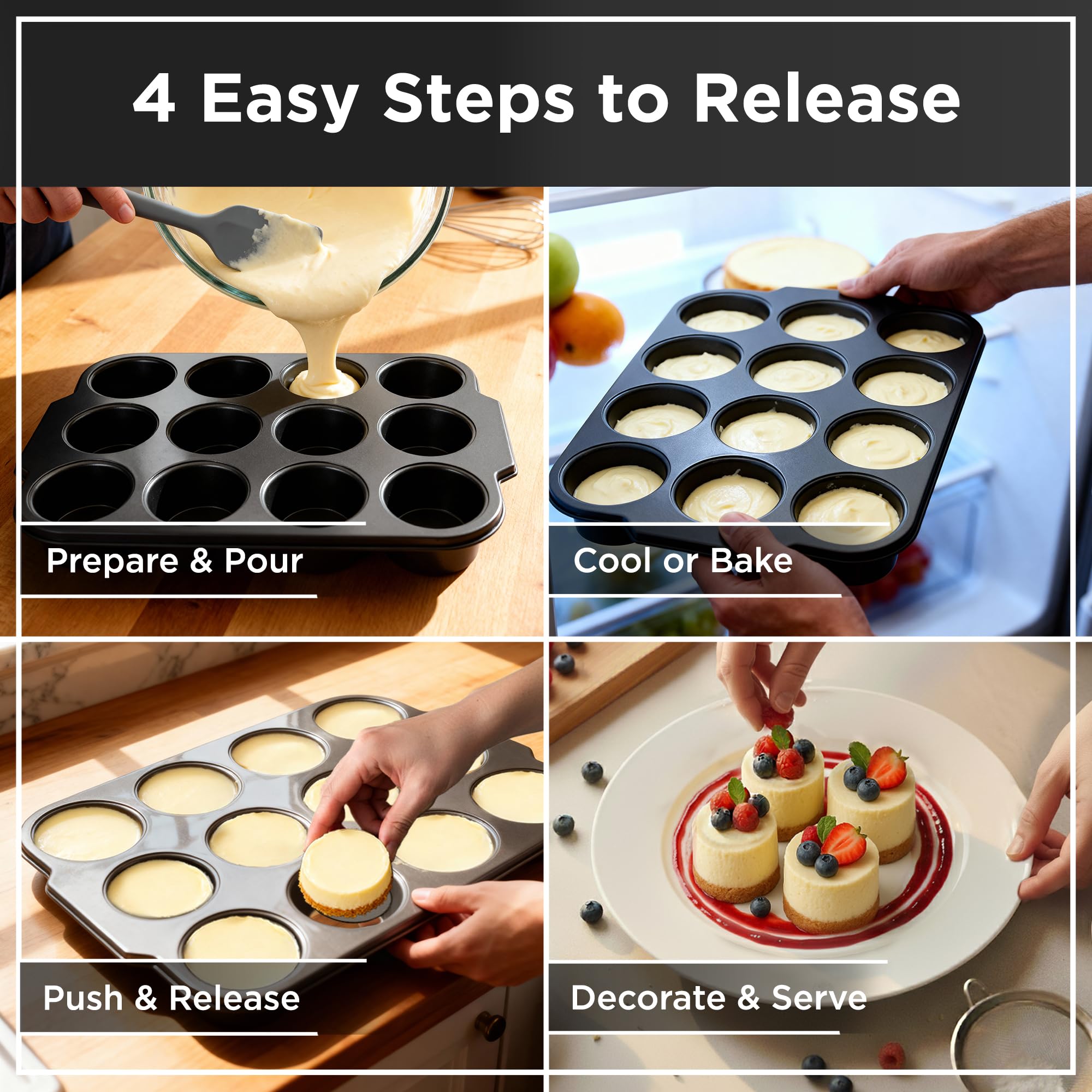 Wrenbury Pro plated mini cheesecakes removed from pan demonstrating clean bottoms and serving appeal