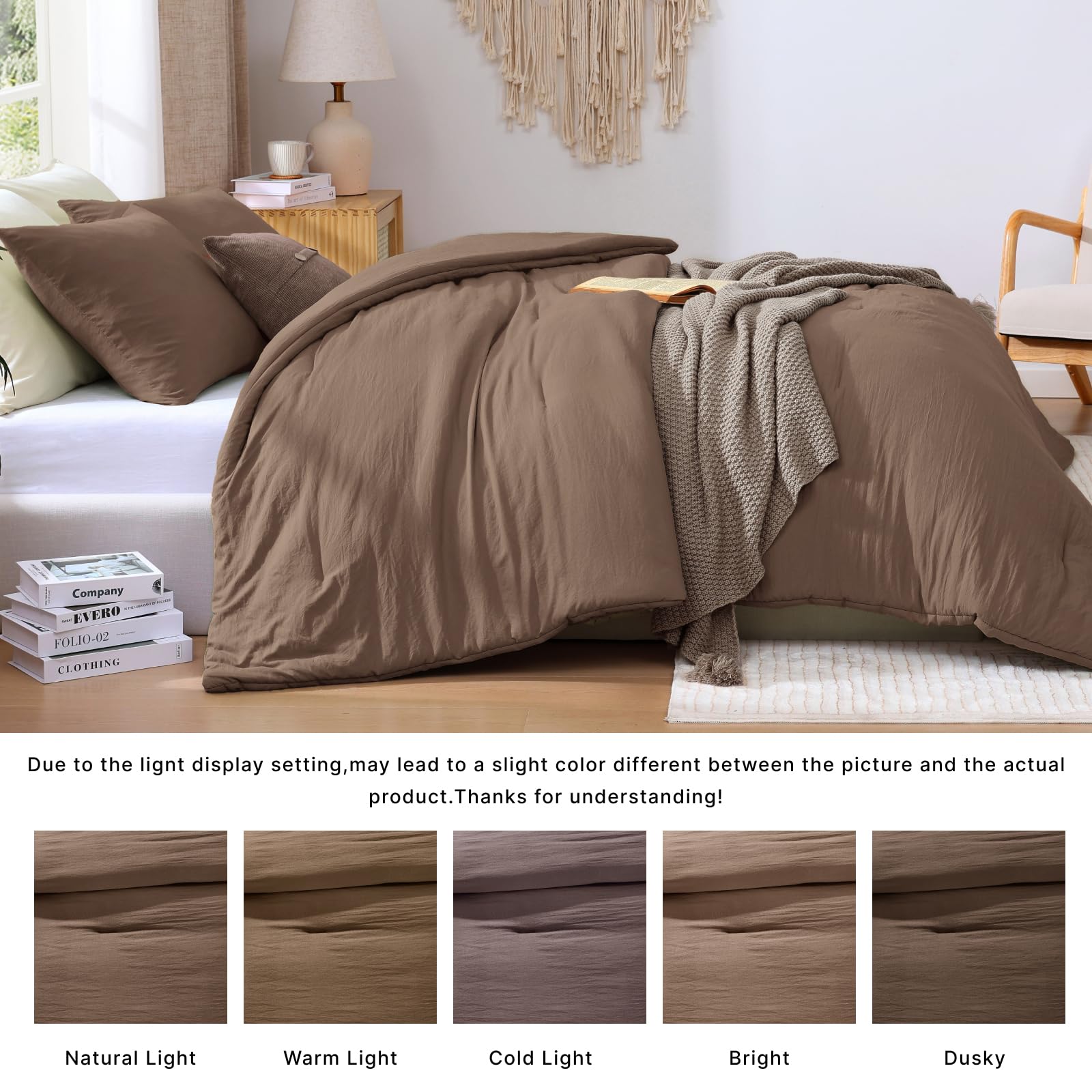 WRENSONGE comforter styled on a bedroom showcasing calming brown color and ambience