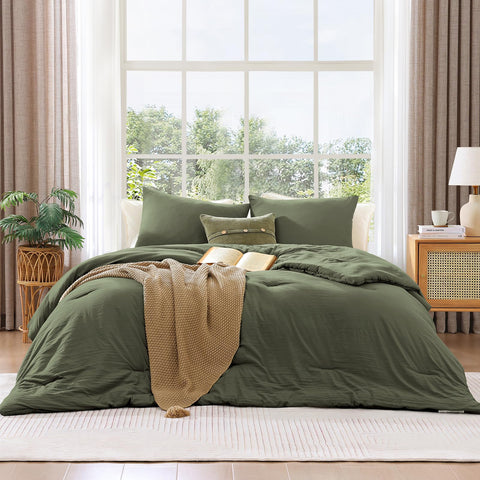 WRENSONGE styled bedroom scene demonstrating minimalist olive bedding appeal