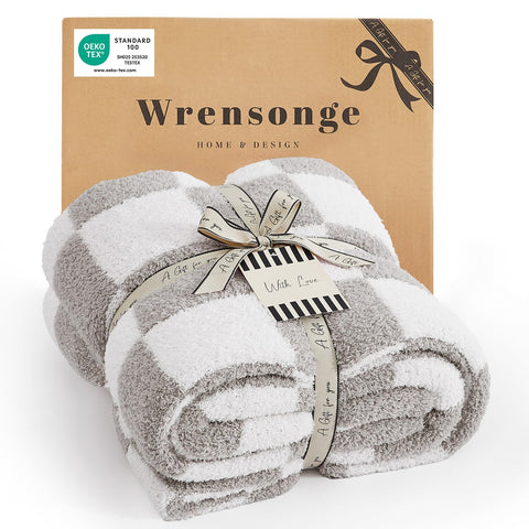 WRENSONGE front view of checkered throw on couch showing pattern and comfort