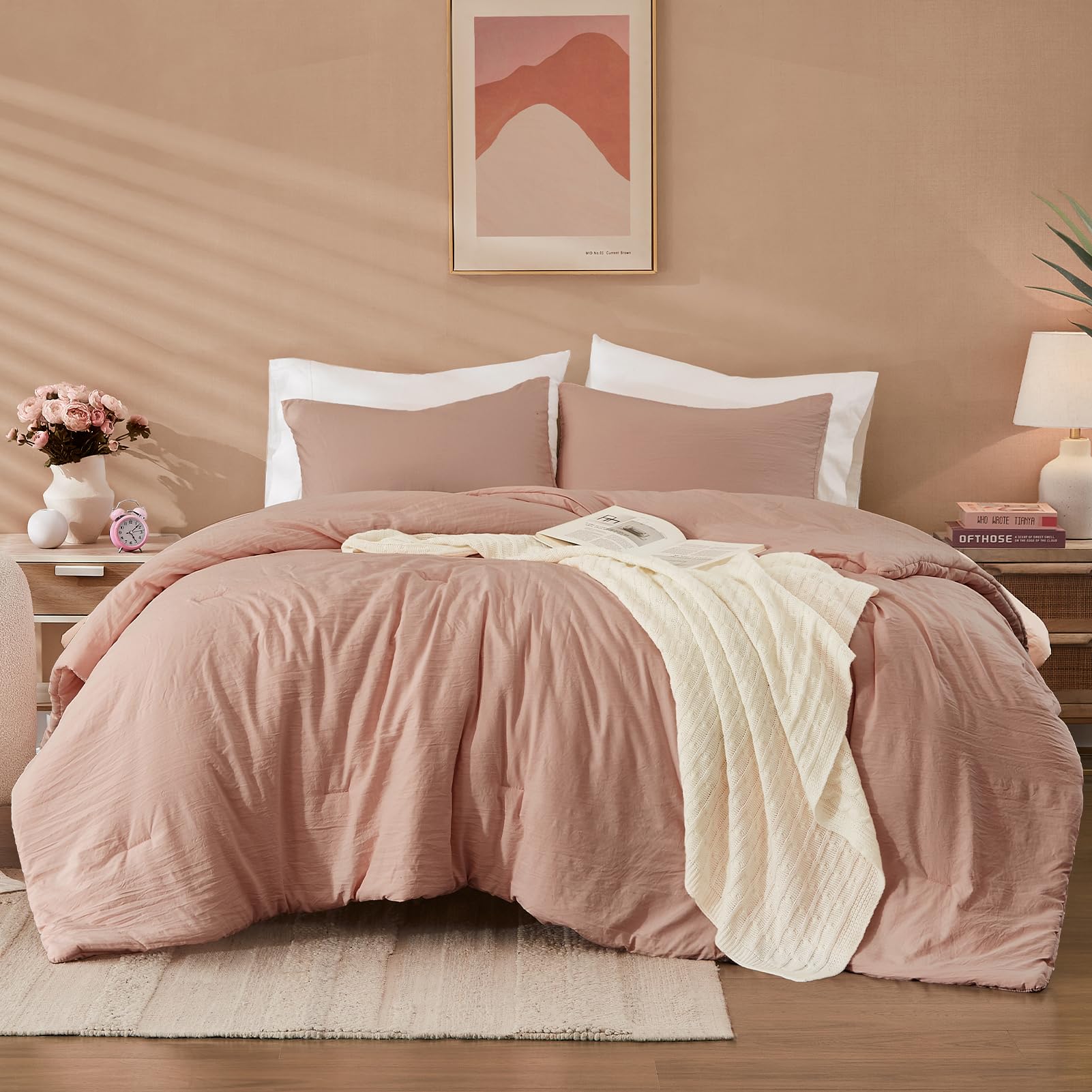 WRENSONGE front view of dusty pink comforter set shows neat packaging and visual appeal