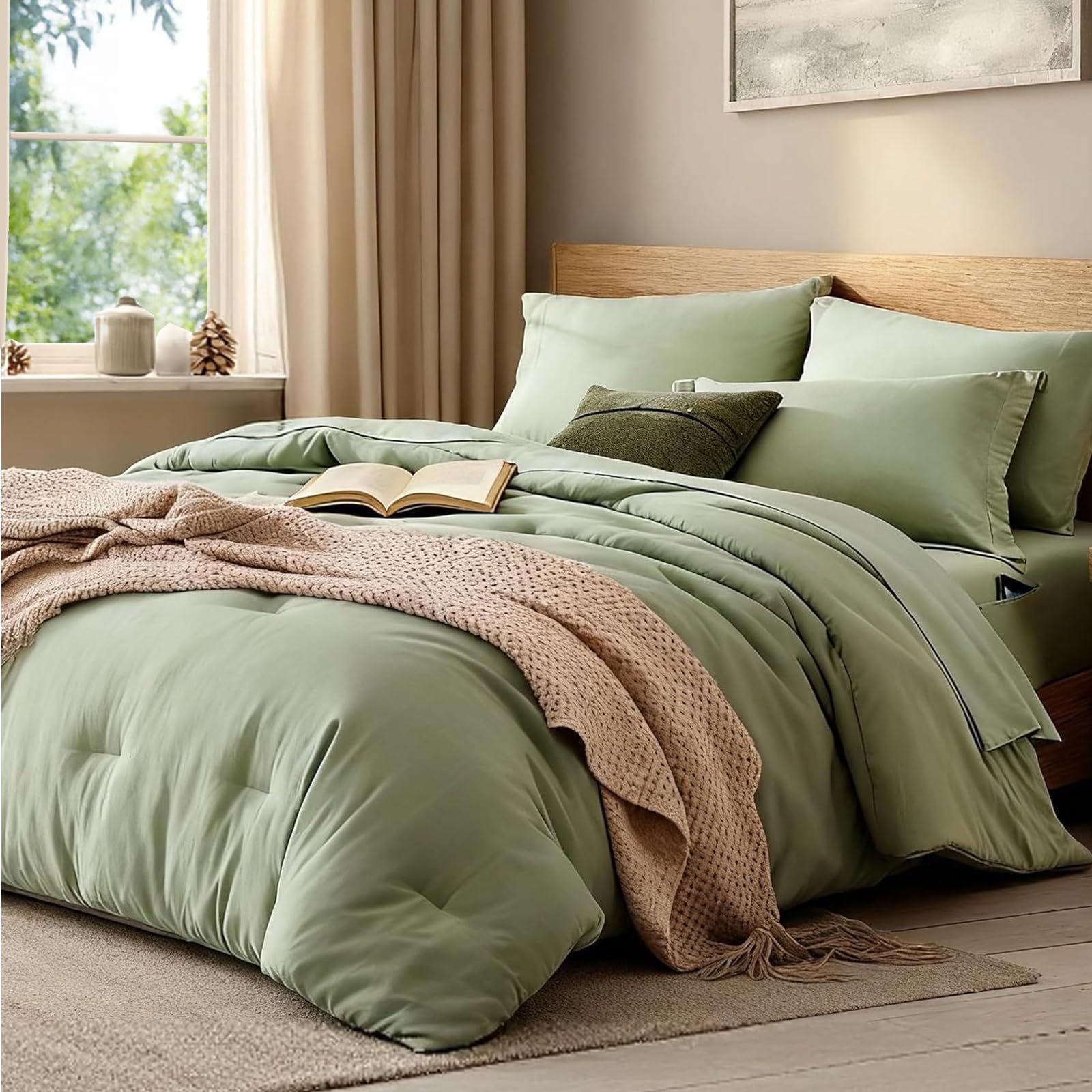 WRENSONGE front view of sage green Twin XL comforter set showing full bed styling and neat look