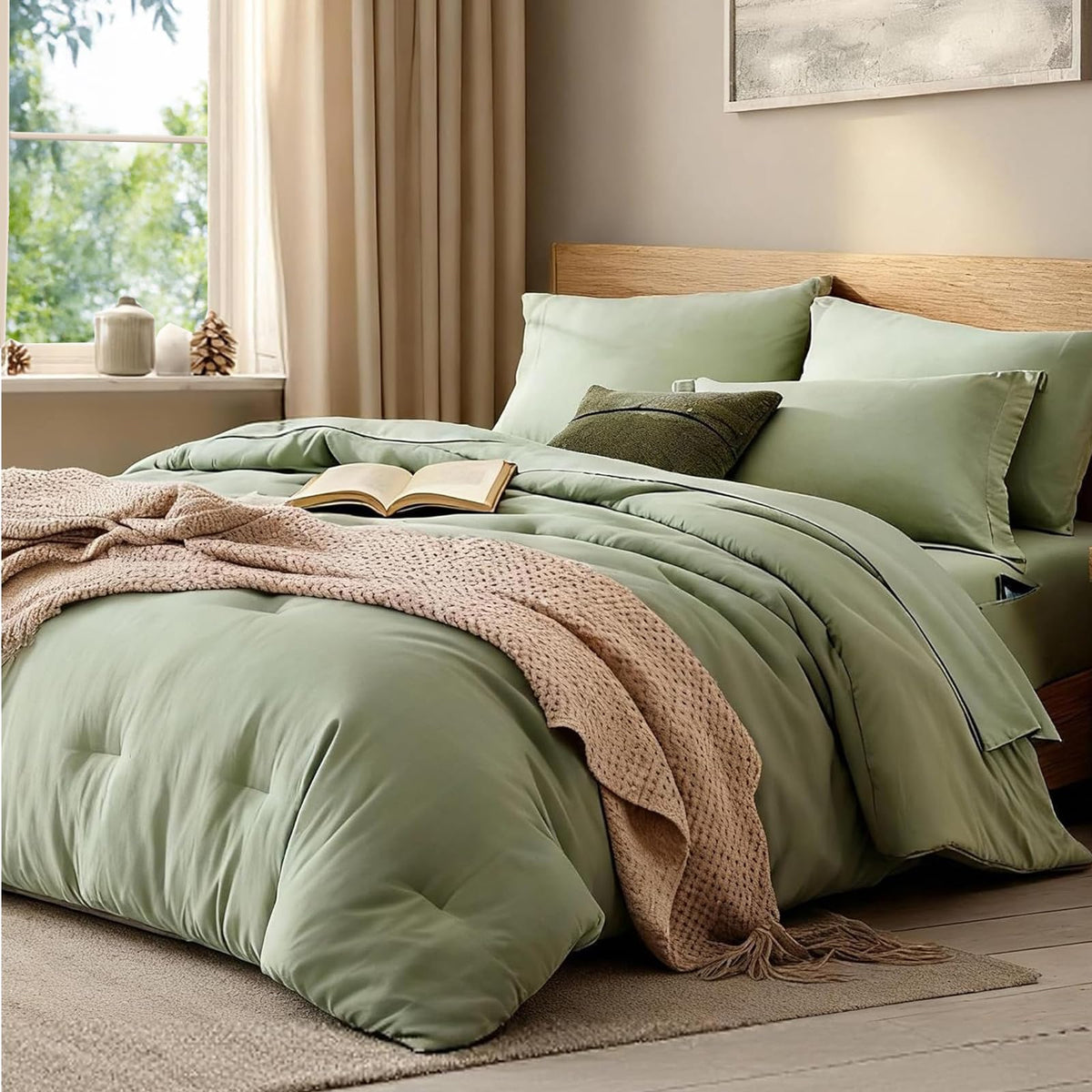 WRENSONGE front view of sage green Twin XL comforter set showing full bed styling and neat look