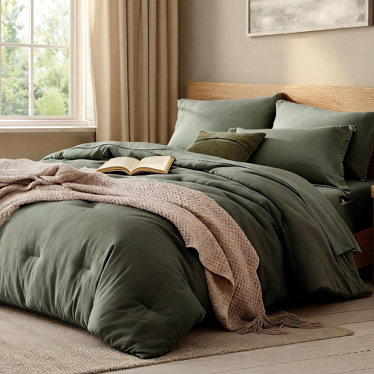 WRENSONGE front view of olive green comforter set showing full bed styling and cozy appeal