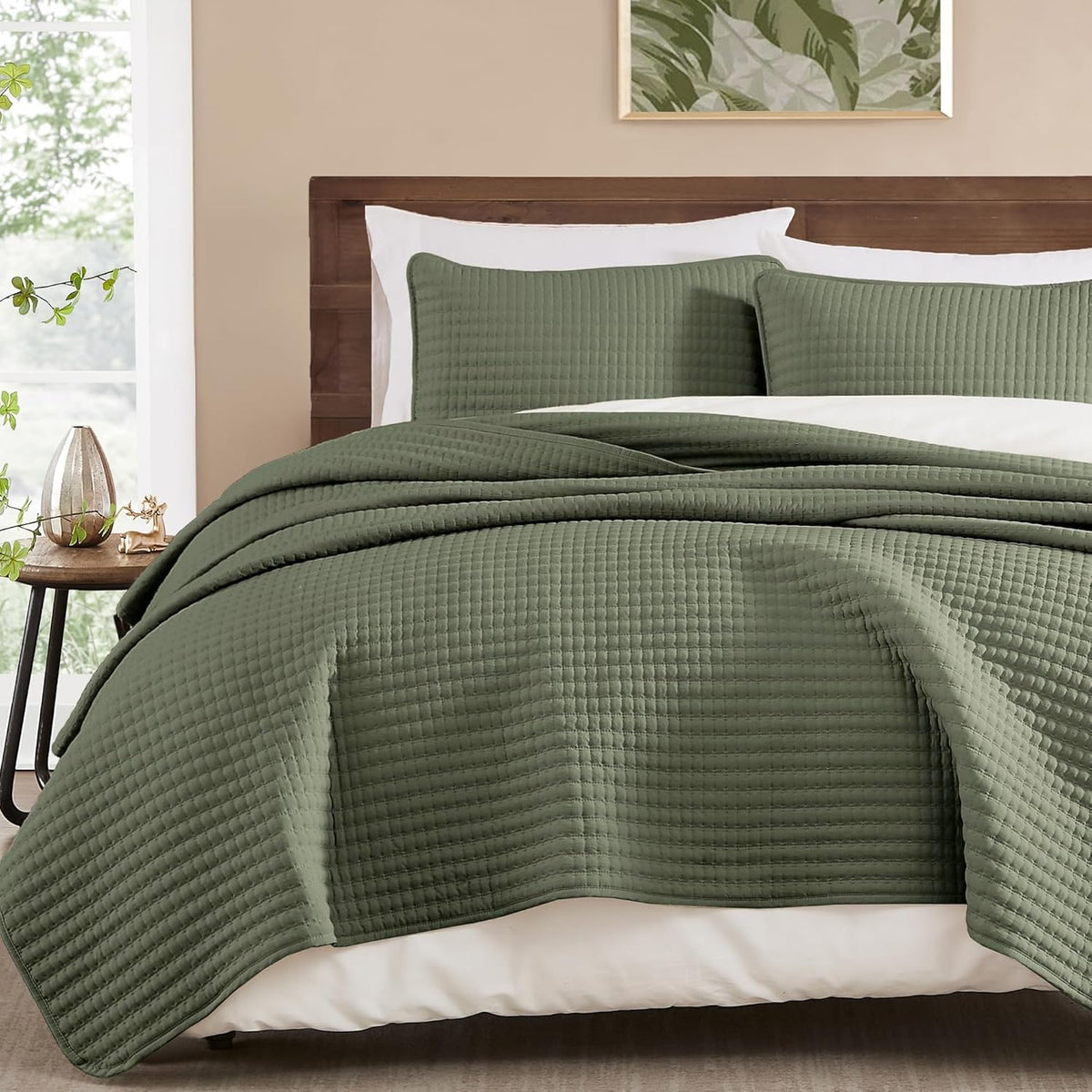 WRENSONGE king quilt front view shows clean olive design and modern look