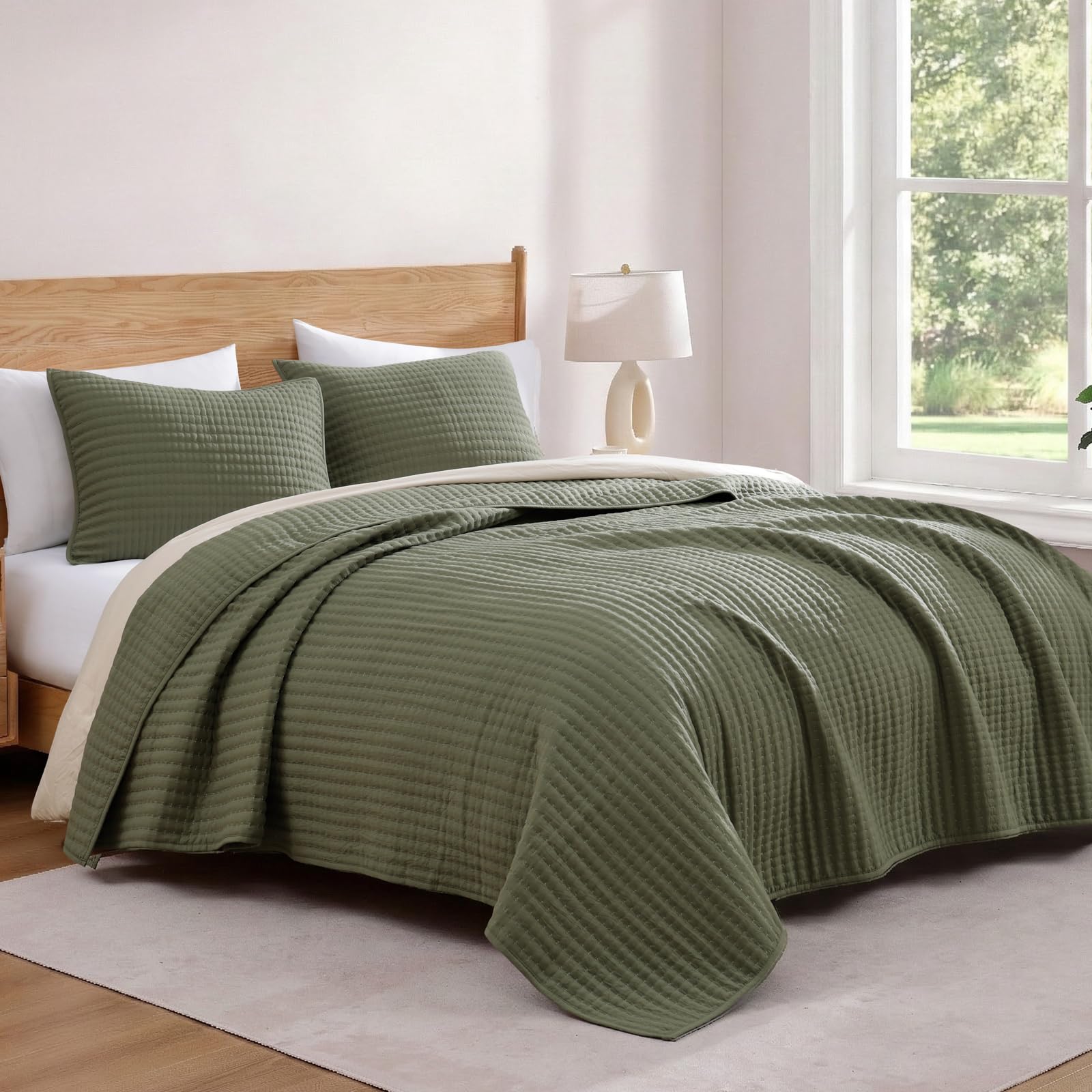 WRENSONGE olive quilt with two pillow shams arranged to show coordinated set