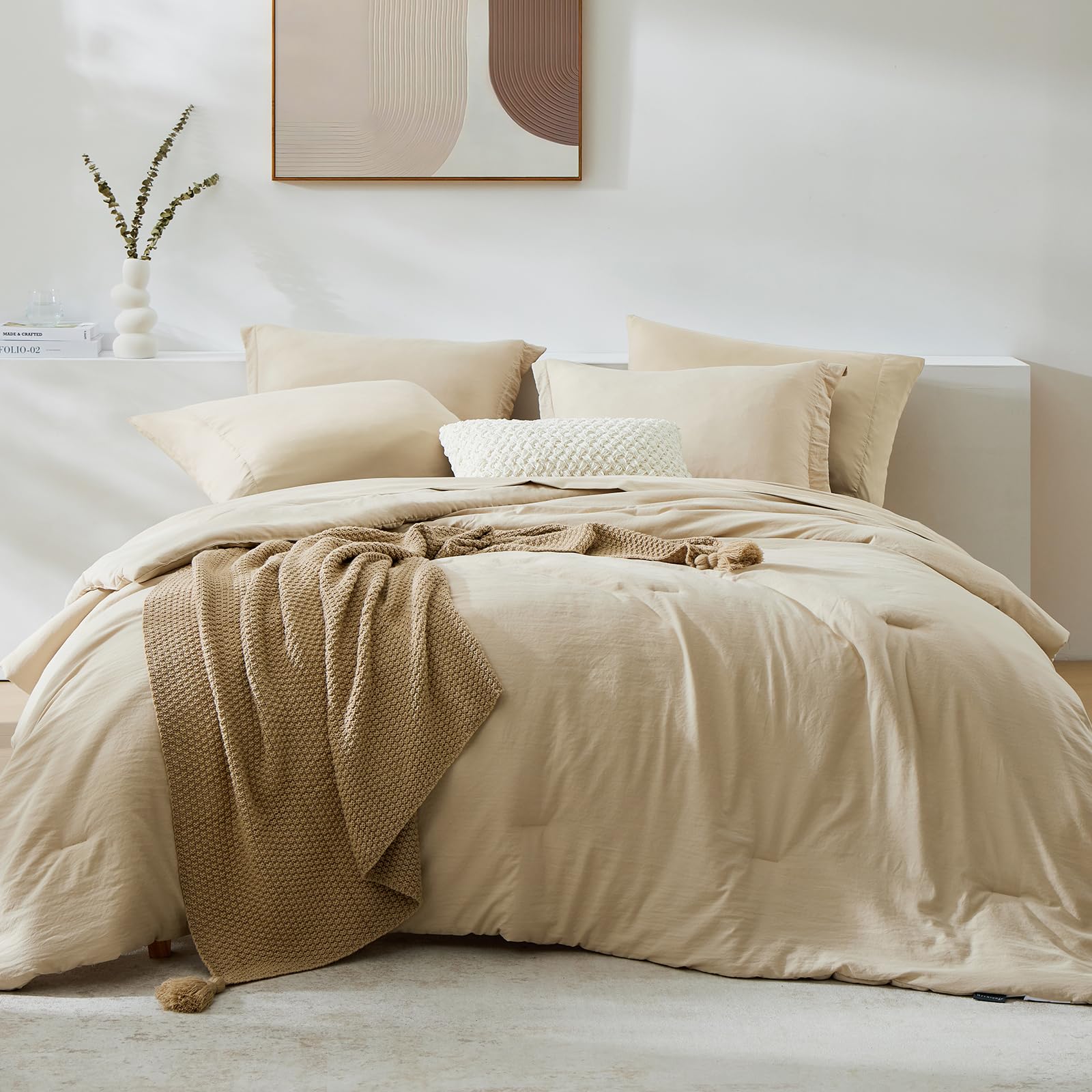 WRENSONGE front view of queen comforter set showing neat neutral styling and comfort
