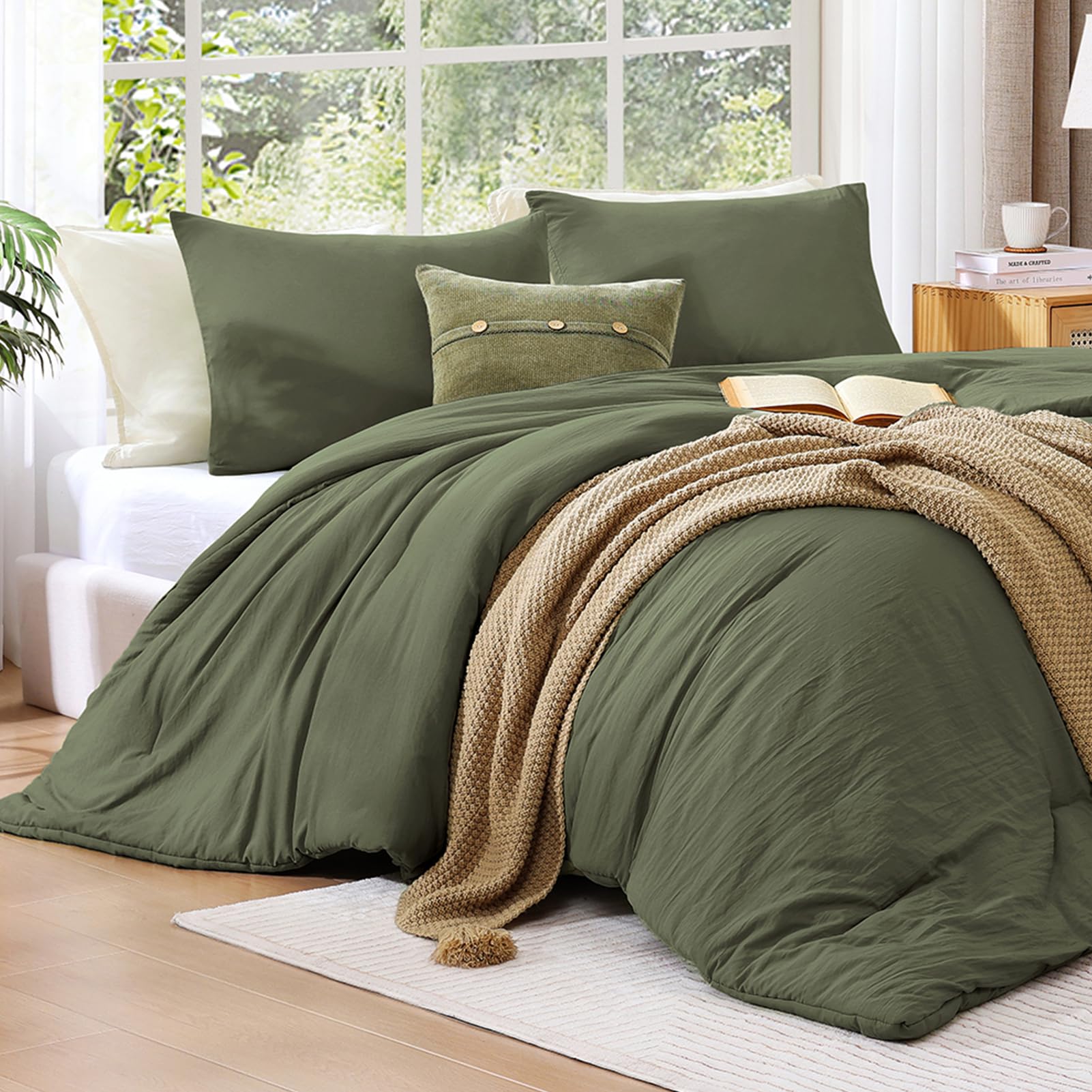 WRENSONGE comforter on queen mattress to show scale and generous overhang