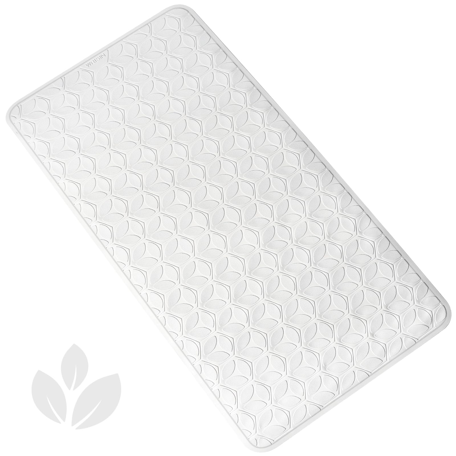 WRISIN front view of white bath mat showing shape and full coverage benefit